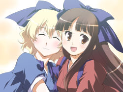Rule 34 | 2girls, :d, blue bow, blue dress, blunt bangs, bow, brown eyes, brown hair, cheek-to-cheek, dress, hair bow, heads together, hug, japanese clothes, kimono, multiple girls, open mouth, original, osamada meika, puffy short sleeves, puffy sleeves, red dress, short sleeves, smile, upper body