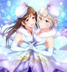 Rule 34 | 10s, 2girls, aireenhp, anastasia (idolmaster), bare shoulders, blue eyes, breasts, brown eyes, brown hair, dress, elbow gloves, gloves, hat, idolmaster, idolmaster cinderella girls, long hair, multiple girls, nitta minami, open mouth, pantyhose, pure white memories, short hair, silver hair, small breasts, smile