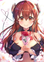 Rule 34 | 1girl, absurdres, blush, bow, bowtie, breasts, cleavage, closed mouth, commentary request, curled horns, demon girl, demon horns, demon tail, flower, hair between eyes, heart, heart of string, highres, holding, holding flower, horns, large breasts, long hair, looking at viewer, machikado mazoku, red bow, red bowtie, red eyes, red flower, red hair, red rose, rose, smile, solo, suzushi moruto, tail, yoshida yuuko (machikado mazoku)