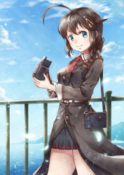 Rule 34 | 1girl, ahoge, bad id, bad pixiv id, bag, belt, bird, black hair, blue eyes, blue sky, blurry, bow, braid, breasts, buttons, camera, cloud, coat, commentary request, day, depth of field, fence, graphite (medium), hair bow, hair flaps, hair ornament, hair over shoulder, hairpin, highres, holding, holding camera, horizon, kantai collection, long hair, long sleeves, looking at viewer, medium breasts, mountain, necktie, ocean, outdoors, pleated skirt, red necktie, shigure (kancolle), shigure kai ni (kancolle), sho (sumika), short necktie, shoulder bag, single braid, skirt, sky, smile, solo, standing, traditional media, water