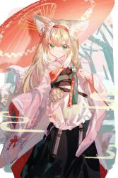 Rule 34 | 1girl, absurdres, animal ear fluff, animal ears, apron, arknights, artist name, black hakama, blonde hair, chinese commentary, closed mouth, coin purse, commentary request, dated, flower, fox ears, fox girl, fox tail, frilled apron, frills, green eyes, hair between eyes, hair flower, hair ornament, hairband, hakama, hakama skirt, highres, holding, holding umbrella, japanese clothes, kimono, kitsune, kyuubi, long sleeves, looking at viewer, multiple tails, obi, official alternate costume, oil-paper umbrella, pink kimono, pinwheel, red hairband, red umbrella, sash, sixiao, skirt, solo, suzuran (arknights), suzuran (yukibare) (arknights), tail, umbrella, waist apron, white apron, wide sleeves, winter, yagasuri