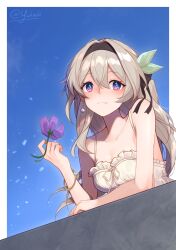 Rule 34 | 1girl, absurdres, bangle, bare arms, bare shoulders, black hairband, bracelet, breasts, cleavage, commentary, firefly (honkai: star rail), flower, grey hair, hairband, highres, holding, holding flower, honkai: star rail, honkai (series), jewelry, long hair, medium breasts, purple eyes, purple flower, solo, spaghetti strap, upper body, yukachiee
