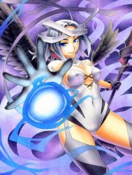 Rule 34 | &gt;:), 10s, 1girl, bandages, black gloves, black wings, blue eyes, gloves, grey hair, highres, holding, iona (wixoss), kawachi koorogi, looking at viewer, marker (medium), selector wixoss, short hair, smile, solo, staff, traditional media, v-shaped eyebrows, wings, wixoss