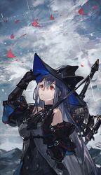 Rule 34 | 1girl, absurdres, arknights, ascot, black gloves, gloves, grey hair, hat, highres, infection monitor (arknights), long hair, looking up, mento, rain, red eyes, skadi (arknights), skadi (elite ii) (arknights), sword, weapon, weapon on back, wet