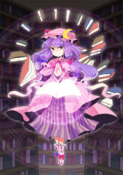 Rule 34 | 1girl, book, bookshelf, crescent, dress, female focus, flying, hair ribbon, hat, library, long hair, magic circle, outstretched hand, patchouli knowledge, pink hat, purple eyes, purple hair, rai (3stone), ribbon, shoes, solo, striped clothes, striped dress, touhou, voile