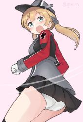 Rule 34 | 1girl, ahenn, aqua eyes, black thighhighs, blonde hair, blush, cowboy shot, gloves, hair between eyes, hat, kantai collection, long hair, long sleeves, low twintails, military, military uniform, one-hour drawing challenge, open mouth, panties, peaked cap, pink background, prinz eugen (kancolle), simple background, solo, thighhighs, twintails, twitter username, underwear, uniform, white gloves, white panties
