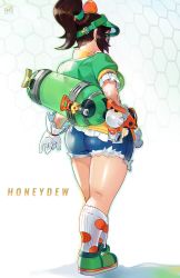 Rule 34 | 1girl, alternate costume, ass, brown hair, canister, denim, denim shorts, from behind, full body, glasses, gloves, green headwear, hat, high ponytail, highres, honeydew mei, mei (overwatch), official alternate costume, overlord jc, overwatch, overwatch 1, round eyewear, shoes, shorts, socks, thighs