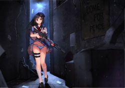 Rule 34 | 1girl, absurdres, allenes, alley, ar-15, assault rifle, black footwear, black hair, blue eyes, clothes lift, eotech, groin, gun, hat, highres, holding, holding gun, holding weapon, holster, kneehighs, loafers, long hair, looking to the side, original, outdoors, panties, pantyshot, paper, pleated skirt, rifle, school uniform, serafuku, shoes, short sleeves, skirt, skirt lift, socks, solo, standing, striped clothes, striped panties, thigh holster, thigh strap, underwear, upskirt, walking, weapon, white socks