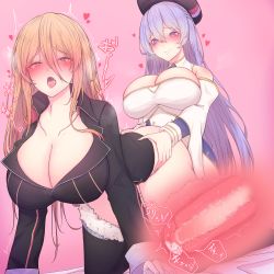 Rule 34 | 1futa, 1girl, absurdres, all fours, ass, azur lane, bismarck (azur lane), black footwear, black headwear, black jacket, blue eyes, blush, boots, braid, breasts, buttons, censored, cleavage, coat, commission, detached sleeves, double-breasted, french braid, fur-trimmed boots, fur trim, futa with female, futanari, gold trim, hair between eyes, highres, huge breasts, jacket, kneeling, long hair, mosaic censoring, multicolored coat, multiple girls, open mouth, penis, pink background, pixiv commission, purple coat, purple eyes, purple hair, rikuguma, rodney (azur lane), sex, simple background, thigh boots, thighhighs, tongue, tongue out, two-tone coat, vaginal, very long hair, white coat, white footwear, x-ray