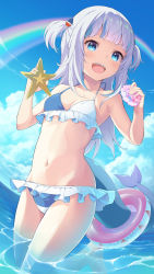 Rule 34 | 1girl, :d, barefoot, bikini, blue eyes, blue hair, blunt bangs, blush, breasts, cleavage, cloud, collarbone, commentary request, day, fins, fish tail, frills, gawr gura, hair ornament, hands up, highres, holding, hololive, hololive english, innertube, long hair, looking at viewer, misashi (raichi821), multicolored hair, navel, open mouth, outdoors, shark girl, shark hair ornament, shark tail, sharp teeth, sky, small breasts, smile, solo, starfish, streaked hair, swim ring, swimsuit, tail, teeth, tongue, two side up, upper teeth only, virtual youtuber, water, white hair