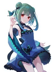 Rule 34 | 1girl, black bow, blue dress, blue hair, blush, bow, bug, butterfly, cleavage cutout, clothing cutout, detached sleeves, double bun, dress, flat chest, flower, frilled dress, frills, gradient hair, green hair, hair bow, hair bun, highres, hololive, insect, long sleeves, multicolored hair, open mouth, pi tayuko, red eyes, short dress, short hair with long locks, sidelocks, simple background, sleeveless, sleeveless dress, solo, uruha rushia, uruha rushia (1st costume), virtual youtuber, white background, white flower, wide sleeves