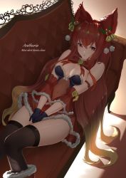 Rule 34 | 1girl, absurdres, aiu eo, animal ears, anthuria, bad id, bad twitter id, bare shoulders, black gloves, breasts, christmas, couch, dress, erune, gloves, granblue fantasy, hair between eyes, hair ornament, highres, long hair, looking at viewer, red dress, red eyes, red hair, solo