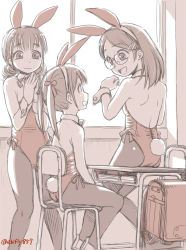 Rule 34 | 3girls, :d, animal ears, ass, backpack, bag, bow, chair, classroom, closed mouth, desk, double bun, ebifly, eye contact, fake animal ears, freckles, glasses, hair bow, hair bun, hair ornament, hairband, hairclip, hands up, indoors, leotard, looking at another, multiple girls, open mouth, original, own hands together, pantyhose, playboy bunny, rabbit ears, rabbit tail, randoseru, red bag, red leotard, school chair, school desk, smile, tail, twintails, twitter username, window