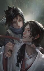 Rule 34 | 2boys, aged down, arrow (projectile), black eyes, black hair, bow, brothers, earrings, holding hands, japanese clothes, jewelry, long hair, looking at another, male focus, multiple boys, naruto (series), ponytail, ring, siblings, simple background, tam e lee, uchiha itachi, uchiha sasuke