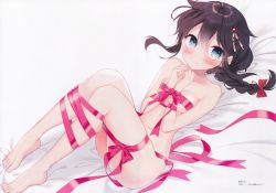 Rule 34 | 1girl, absurdres, bare arms, bare legs, bare shoulders, barefoot, bed, bed sheet, blush, bow, braid, breasts, brown hair, closed mouth, full body, hair ornament, highres, huge filesize, kantai collection, lips, long hair, lying, medium breasts, naked ribbon, naoto (tulip), navel, on back, own hands together, red bow, ribbon, scan, shigure (kancolle), shigure kai ni (kancolle), sidelocks, simple background, single braid, solo, stomach, thighs, toes