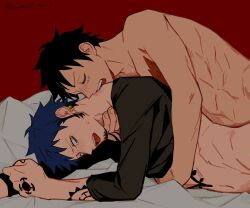 Rule 34 | 2022, 2boys, abs, arm tattoo, bed, biting, black hair, black shirt, blush, chest tattoo, closed eyes, commentary request, dated, demorzel, earrings, facial hair, facial scar, goatee, hand tattoo, highres, implied sex, jewelry, monkey d. luffy, multiple boys, navel, neck biting, neck grab, one piece, open mouth, pillow, prone bone, red background, scar, scar on cheek, scar on face, sex from behind, shirt, short hair, sweater, tattoo, tears, tongue, tongue out, trafalgar law, yaoi, yellow eyes