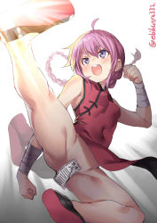 Rule 34 | 1girl, ahoge, alternate costume, bandaged arm, bandages, bare shoulders, blush, bodysuit, braid, breasts, china dress, chinese clothes, clenched hands, clothes lift, covered navel, dress, ebifurya, flying kick, full body, hair between eyes, highres, kantai collection, kicking, kneepits, long hair, maebari, nenohi (kancolle), no panties, open mouth, pelvic curtain, pelvic curtain lift, pink eyes, pink hair, red dress, round teeth, short eyebrows, simple background, single braid, sleeveless, sleeveless dress, small breasts, spread legs, teeth, thighs, twitter username, white background