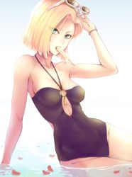Rule 34 | 1girl, android 18, aqua nails, arm support, arm up, armpits, bad id, bad pixiv id, bare arms, bare shoulders, black one-piece swimsuit, blonde hair, blue eyes, bracelet, breasts, casual one-piece swimsuit, covered navel, dragon ball, eating, eyes visible through hair, food, grey background, halterneck, highres, jewelry, medium breasts, mouth hold, nail polish, one-piece swimsuit, partially submerged, petals, popsicle, purple mii, removing eyewear, short hair, simple background, sitting, solo, sunglasses, swimsuit, thighs, tsurime, white-framed eyewear