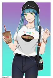 Rule 34 | 1girl, alternate costume, arm up, artist name, bag, belt, black belt, black headwear, blue hair, blush, bracelet, breasts, casual, closed mouth, collarbone, cup, darkpulsegg, denim, feet out of frame, girls&#039; frontline, green eyes, hair ornament, hairclip, hk416 (girls&#039; frontline), holding, holding cup, jeans, jewelry, long hair, looking at viewer, nail polish, pants, pink nails, print shirt, shirt, simple background, smile, solo, standing, teardrop facial mark, teardrop tattoo, white shirt