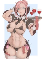 Rule 34 | 1girl, abs, absurdres, bikini, black bikini, blue background, blue eyes, border, braid, breasts, cameltoe, closed mouth, colored condom, condom, condom belt, condom wrapper, cowboy shot, crop top, cup, drinking glass, final fantasy, final fantasy xiv, glasses, gluteal fold, highres, horns, kuromoro, large breasts, lips, micro bikini, monster girl, multiple condoms, navel, necktie, original, pink hair, scales, short hair, short sleeves, side-tie bikini bottom, side braid, simple background, skindentation, solo, square enix, standing, swimsuit, thigh gap, thighhighs, tray, used condom, warrior of light (ff14), white border, white thighhighs, wine glass, wrist cuffs