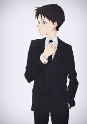Rule 34 | absurdres, adjusting clothes, adjusting necktie, adjusting neckwear, anime coloring, black jacket, black necktie, black pants, black vest, blue eyes, brown hair, buttons, closed mouth, collared shirt, commentary, cuff links, dress shirt, film grain, formal, hand in pocket, hand up, highres, ikari shinji, jacket, looking to the side, necktie, neon genesis evangelion, open clothes, open jacket, pants, pocket square, sakurayama (59 sakurayama), shirt, short hair, simple background, solo, standing, suit, suit jacket, three-piece suit, vest, waistcoat, white background, white shirt