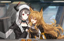 Rule 34 | 2girls, animal ears, arknights, black jacket, black tank top, breasts, broken horn, brown hair, ceobe (arknights), collar, commentary, dog ears, dog tail, fang, feeding, female focus, food, grey hair, highres, holding, holding food, hood, hood up, horns, infection monitor (arknights), jacket, large breasts, long hair, looking at another, material growth, multicolored clothes, multicolored jacket, multiple girls, one-hour drawing challenge, open clothes, open jacket, open mouth, oripathy lesion (arknights), red eyes, short hair, spacelongcat, strap, tail, tank top, very long hair, vulcan (arknights), white hood