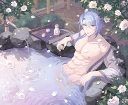 Rule 34 | 1boy, abs, asymmetrical bangs, blue eyes, blue hair, blush, bottle, branch, choko (cup), closed mouth, cup, falling petals, genshin impact, hair between eyes, haori, highres, japanese clothes, kamisato ayato, looking at viewer, male focus, muscular, muscular male, navel, onsen, pectorals, petals, petals on liquid, sake bottle, shelia950110, smile, solo, tray