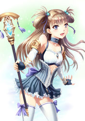 Rule 34 | 1girl, :d, bare shoulders, black gloves, blue eyes, brown hair, choker, detached sleeves, fantasy, fingerless gloves, gloves, gradient background, hair bobbles, hair ornament, highres, leg ribbon, lips, open mouth, original, ribbon, smile, solo, staff, thigh ribbon, thighhighs, youbou, zettai ryouiki