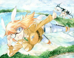 Rule 34 | 2girls, :d, adjusting goggles, agahari, animal ears, black hair, blue eyes, cat ears, cat tail, charlotte e. yeager, flying, francesca lucchini, goggles, grin, long hair, military, military uniform, multiple girls, open mouth, orange hair, outstretched arms, rabbit ears, rabbit girl, scenery, smile, spread arms, strike witches, striker unit, tail, thumbs up, twintails, uniform, world witches series
