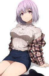 Rule 34 | 1girl, black footwear, black skirt, breasts, gridman universe, gridman universe (film), highres, large breasts, looking at viewer, noshimurin, official alternate costume, red eyes, shinjou akane, shirt, shoes, short hair, sitting, skirt, smile, solo, sweater
