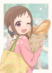 Rule 34 | 1girl, :3, ;d, bag, baguette, birthday, blouse, blue scrunchie, blurry, blurry background, border, bread, brown hair, collar, collared shirt, commentary, depth of field, drill hair, drill ponytail, fang, fence, floral print, food, food print, hair ornament, hair scrunchie, highres, holding, holding bag, holding food, idolmaster, idolmaster cinderella girls, light particles, long hair, long sleeves, looking at viewer, looking back, low-tied long hair, melon bread, ohara michiru, one eye closed, open mouth, outdoors, outside border, paper bag, pink eyes, pink shirt, plastic wrap, print bag, print shirt, rn10r, scrunchie, shiny skin, shirt, shoulder bag, side ponytail, sidelocks, smile, solo, symbol-only commentary, upper body, white border, white collar, wooden fence, yellow bag