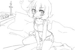 Rule 34 | 10s, 1girl, :3, artist request, between legs, blush, bow, bow bra, bra, candle, clock, collarbone, greyscale, hair between eyes, heart, idolmaster, idolmaster cinderella girls, looking at viewer, monochrome, pillow, short hair, sitting, socks, solo, thick eyebrows, ueda suzuho, underwear, underwear only, v arms, wariza