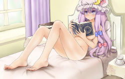 Rule 34 | 1girl, barefoot, bed, blush, book, censored nipples, convenient censoring, feet, hat, light purple hair, long hair, nude, patchouli knowledge, purple eyes, reading, toes, touhou