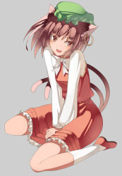 Rule 34 | 1girl, animal ears, bow, bowtie, brown eyes, brown hair, cat ears, cat girl, cat tail, chen, earrings, fang, female focus, grey background, hat, jewelry, kureha (ironika), looking at viewer, multiple tails, open mouth, simple background, sitting, smile, solo, tail, touhou, v arms, wariza