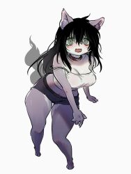 Rule 34 | 1girl, animal ear fluff, animal ears, animal feet, bags under eyes, black hair, blush, body fur, collar, fang, female focus, full body, furry, furry female, green eyes, grey fur, highres, jimiko, leaning forward, looking at viewer, messy hair, msaeng (00grimza), navel, open mouth, original, panties, shy, simple background, solo, standing, strap slip, tail, thighs, underwear, white background, wolf ears, wolf girl, wolf tail