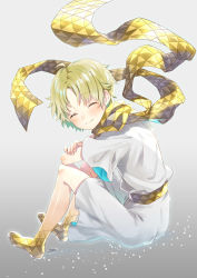 Rule 34 | 1boy, baggy clothes, blonde hair, blush, closed eyes, closed mouth, fate/grand order, fate/requiem, fate (series), floating, floating object, floating scarf, full body, glowing, gradient background, highres, male focus, parted bangs, scarf, short sleeves, simple background, sitting, smile, solo, sparkle, user xwkj3533, voyager (fate), voyager (first ascension) (fate), yellow scarf