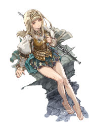 Rule 34 | 1girl, absurdres, alicia (valkyrie profile 2), aqua eyes, arm support, barefoot, breasts, commentary request, fingernails, full body, hair ornament, hairband, hand up, highres, light smile, lips, long hair, long sleeves, looking at viewer, medium breasts, miniskirt, partially submerged, puffy sleeves, simple background, sitting, skirt, smile, solo, sword, toes, valkyrie profile (series), valkyrie profile 2: silmeria, water, weapon, yasuda akira