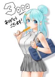 Rule 34 | 1girl, alternate costume, aqua (konosuba), bad id, bad pixiv id, bag, bare shoulders, blue eyes, blue hair, blush, bracelet, breasts, collared shirt, commentary request, contemporary, cowboy shot, food, food in mouth, grey skirt, hair ornament, hairclip, hands up, highres, holding, izawa (bhive003), jewelry, kono subarashii sekai ni shukufuku wo!, large breasts, light blue hair, long hair, looking at viewer, miniskirt, pleated skirt, popsicle, school bag, shirt, skirt, solo, thighhighs, translated, white background