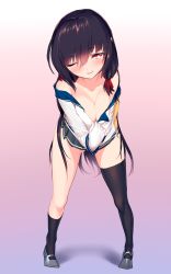 Rule 34 | 10s, 1girl, absurdres, asymmetrical legwear, bare shoulders, black hair, black socks, blew andwhite, breasts, cleavage, clothes pull, collarbone, full body, gloves, gluteal fold, gradient background, hair ribbon, highres, isokaze (kancolle), kantai collection, kneehighs, leaning forward, legs apart, long hair, long sleeves, looking at viewer, miniskirt, off shoulder, one eye closed, open mouth, pink background, pleated skirt, purple background, red eyes, ribbon, school uniform, serafuku, shirt pull, single kneehigh, single sock, single thighhigh, skirt, smile, socks, solo, standing, thighhighs, tress ribbon, uneven legwear, white gloves