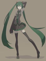 Rule 34 | bad id, bad pixiv id, detached sleeves, green hair, hatsune miku, highres, legs, long hair, necktie, simple background, solo, thighhighs, tomioka jirou, twintails, very long hair, vocaloid
