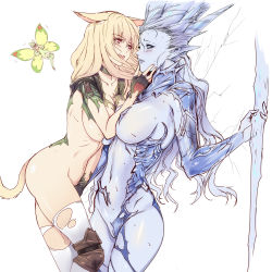 Rule 34 | 10s, 3girls, :q, animal ears, blonde hair, blue eyes, blue skin, blush, breasts, cat ears, cat girl, cat tail, colored skin, covering own eyes, dutch angle, eos (ff14), fairy, female focus, final fantasy, final fantasy xiv, highres, large breasts, licking lips, long hair, miqo&#039;te, multiple girls, navel, pointy ears, q azieru, red eyes, scholar (final fantasy), shiva (final fantasy), simple background, smile, tail, thighhighs, tongue, tongue out, torn clothes, white background, white legwear, yuri