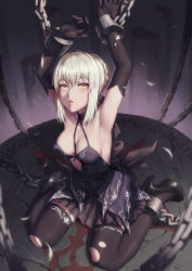 Rule 34 | 1girl, armpits, arms up, artoria pendragon (all), artoria pendragon (fate), black dress, black footwear, black gloves, black thighhighs, blonde hair, blush, bound, bound wrists, breasts, chain, cleavage, dress, drooling, elbow gloves, fate/stay night, fate (series), gloves, hair between eyes, heart, high heels, highres, looking at viewer, mool yueguang, open mouth, saber alter, sitting, sleeveless, sleeveless dress, solo, tears, thighhighs, torn clothes, torn thighhighs, wariza, yellow eyes