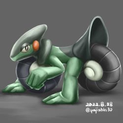 Rule 34 | black eyes, bright pupils, commentary request, creatures (company), cyclizar, dated, from side, full body, game freak, grey background, highres, looking at viewer, nintendo, no humans, pokemon, pokemon (creature), solo, twitter username, white pupils, yajishin30