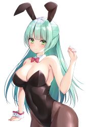 Rule 34 | 1girl, absurdres, animal ears, aqua hair, bare arms, bare shoulders, black leotard, blush, bow, bowtie, breasts, brown pantyhose, cleavage, closed mouth, collarbone, covered navel, cowboy shot, detached collar, fake animal ears, green eyes, hand up, highleg, highleg leotard, highres, large breasts, leotard, long hair, looking at viewer, nagi aoi, original, pantyhose, playboy bunny, rabbit ears, red bow, red bowtie, simple background, smile, solo, very long hair, white background, wide hips, wrist cuffs