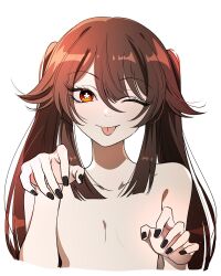 Rule 34 | 1girl, black nails, brown hair, claw pose, cropped torso, flat chest, flower-shaped pupils, genshin impact, hair between eyes, highres, hu tao (genshin impact), long hair, looking at viewer, nail polish, no nipples, nude, one eye closed, pillosopi, red eyes, sidelocks, simple background, solo, symbol-shaped pupils, tongue, tongue out, twintails, upper body, very long hair, white background