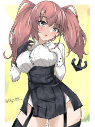 Rule 34 | 1girl, anchor hair ornament, artist name, atlanta (kancolle), black gloves, black skirt, border, breasts, brown hair, dated, dress shirt, gakky, garter straps, gloves, grey eyes, hair ornament, hands on own chest, high-waist skirt, kantai collection, large breasts, long hair, long sleeves, looking at viewer, no headwear, open mouth, partially fingerless gloves, shirt, skirt, solo, suspender skirt, suspenders, thigh strap, two-tone gloves, two side up, white border, white gloves, white shirt, yellow background