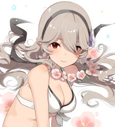Rule 34 | 1girl, bare shoulders, bikini, black hairband, blush, breasts, cleavage, closed mouth, commentary request, corrin (female) (fire emblem), corrin (female) (summer) (fire emblem), corrin (fire emblem), fire emblem, fire emblem fates, flower, flower necklace, hair flower, hair ornament, hair over one eye, hairband, haru (nakajou-28), highres, jewelry, long hair, looking at viewer, medium breasts, necklace, nintendo, official alternate costume, pink flower, pointy ears, purple flower, red eyes, silver hair, smile, solo, swimsuit, upper body, white bikini