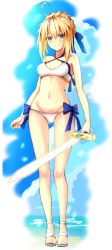 Rule 34 | 1girl, absurdres, artoria pendragon (all), artoria pendragon (fate), artoria pendragon (swimsuit archer) (first ascension) (fate), barefoot sandals (jewelry), blonde hair, blue ribbon, blush, breasts, cleavage, closed mouth, fate/grand order, fate (series), full body, green eyes, hair ribbon, highres, holding, holding sword, holding weapon, looking at viewer, medium breasts, navel, ribbon, saber (fate), short hair, smile, solo, sword, weapon, yuchio
