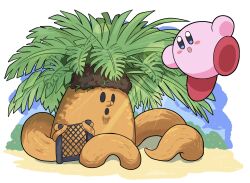 Rule 34 | blush stickers, bush, chain-link fence, colored skin, fence, highres, kirby, kirby (series), kirby and the forgotten land, nintendo, no humans, palm tree, pink skin, plant roots, poyo party, solid oval eyes, tree, tropic woods