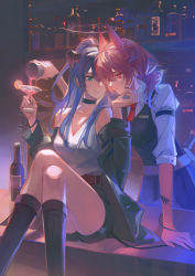 Rule 34 | 2girls, alternate hairstyle, arknights, arm support, black choker, black shorts, black socks, black vest, blue eyes, blue hair, choker, crossed legs, cup, drinking glass, feet out of frame, fiammetta (arknights), grin, halo, highres, holding, holding cup, horns, indoors, long hair, luren max, mostima (arknights), multiple girls, necktie, parted lips, pink eyes, pink hair, ponytail, red necktie, shirt, short hair, shorts, sleeveless, sleeveless shirt, smile, socks, tail, thighs, vest, white shirt, wine glass, yuri